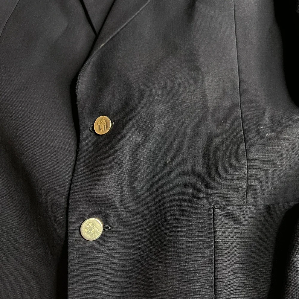 Burberrys Vintage Mens Navy Blue Wool Blazer Silver Crest Buttons Rodes 42R